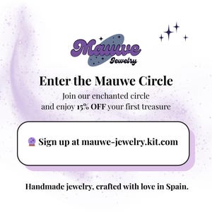 May include: A promotional image for Mauve Jewelry, featuring a purple logo with the text "Mauve Jewelry." The image includes the text "Enter the Mauve Circle" and "Sign up at mauwe-jewelry.kit.com." The text also mentions handmade jewelry crafted in Spain.