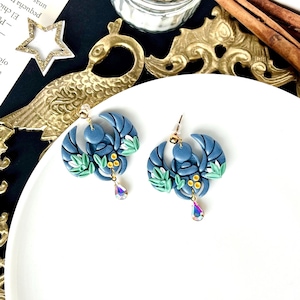 Handmade Scarab Beetle Earrings with Papyrus Flower, Egyptian-Inspired Polymer Clay Jewelry, Statement Earrings with Crystals, Egyptian Gift