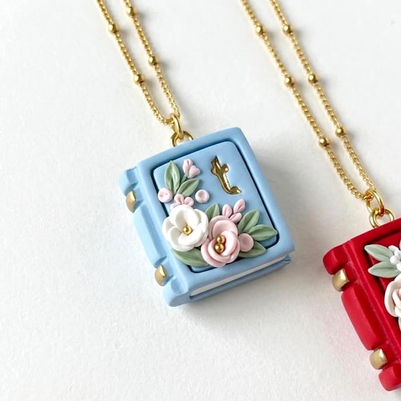 Custom Initial Book Necklace, Hand-Sculpted Floral Bookstagram Jewelry