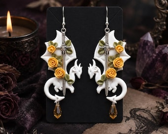 White Dragon Sword Earrings, Gothic Romantasy Jewelry, Fantasy Bookish Polymer Clay Gift