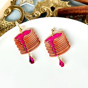Polymer Clay Pancake Earrings, Handmade Breakfast Jewelry with Blueberry Syrup & Crystal Drop, Cute Foodie Gift, Kawaii Statement