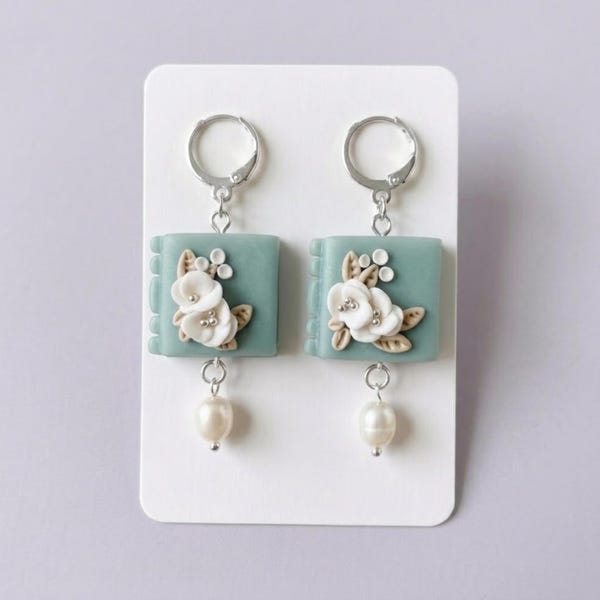 Miniature Book Earrings for Book Lovers, Floral Polymer Clay Bookworm Jewelry with Pearl Drops