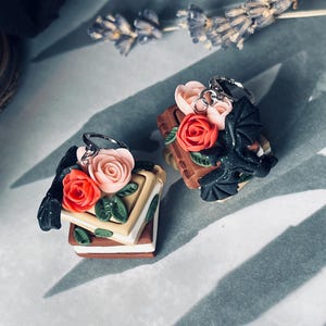 Book Stack Earrings with Dragon & Flowers, Fantasy Polymer Clay Jewelry for Book Lovers, Fairycore, Literary Girl Gift, Limited Edition