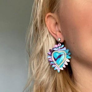 Sacred Heart Earrings, Handmade Polymer Clay Jewelry with Colorful Religious Symbol, Statement Earrings with Glitter & Magic Vibes