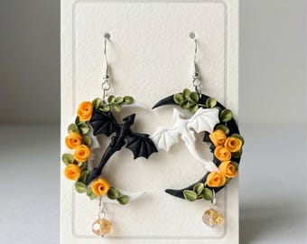 Dragon with Roses Moon Earrings - Epic Fantasy Gift for Her
