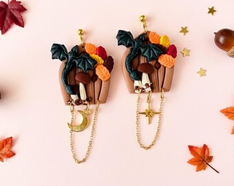 Autumn Fairy Door Earrings, Dragon, Mushrooms, Moon Charms