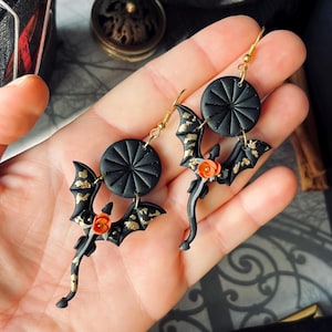 Gothic Statement Bat Earrings, Handmade Long Drop Jewelry with Gold Chains, Dark Halloween Glamour, Unique Gift for Her, Personalized Wrap