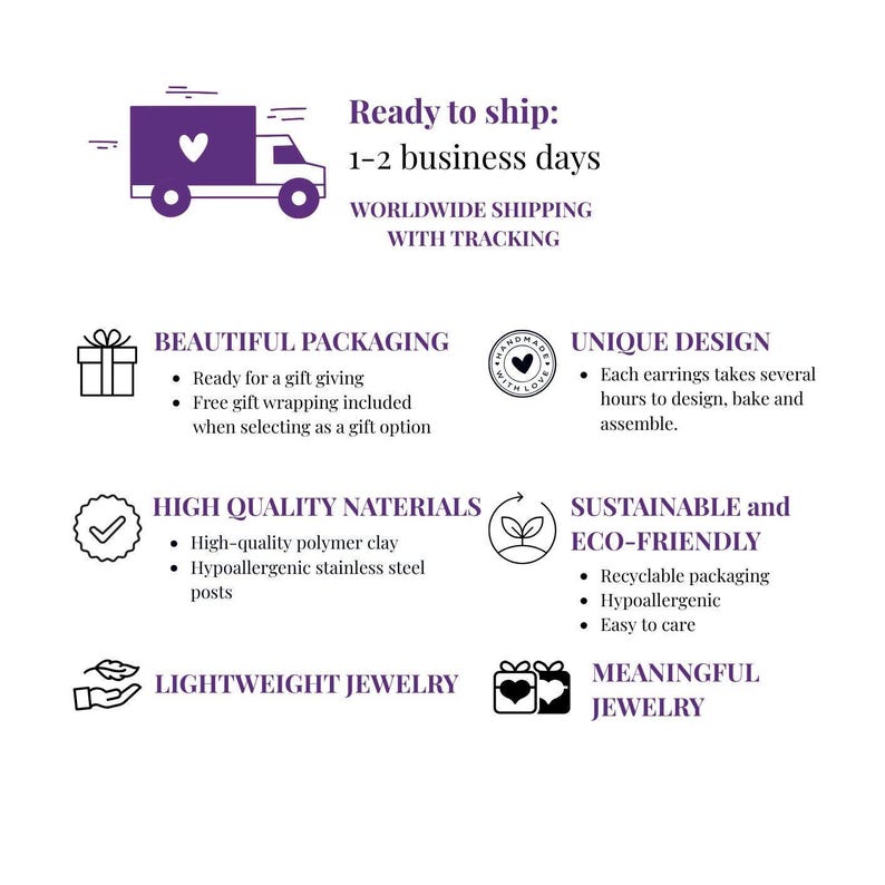 May include: An image with text describing jewelry features. The text includes "Beautiful Packaging," "High Quality Materials," "Lightweight Jewelry," "Unique Design," "Sustainable and Eco-Friendly," and "Meaningful Jewelry."