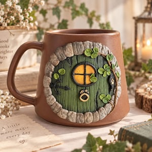 Puede incluir: Una taza de cerámica marrón con un diseño de puerta verde circular en relieve rodeado por un borde con textura de piedra. La puerta incluye una pequeña ventana amarilla, un llamador negro y detalles de enredaderas verdes. Acabado mate.