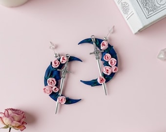 Fantasy Crescent Moon with Sword and Rose Dangle Earrings – Dark Romantic Celestial Fantasy Jewelry