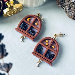 Winter Morning Window Earrings with Books and Star – Literary Gift in Translucent Polymer Clay