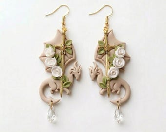 Medieval Dragon Broadsword Earrings: Knightly Fantasy Jewelry, Gothic Rose