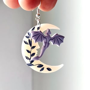 Fantasy Dragon Earrings Handmade, Crescent Moon Earrings, Polymer Clay Jewelry, Bookish Gift, Mythical Creatures Jewelry