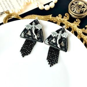 Gothic Window Dragon Earrings, Handmade Dark Fantasy Jewelry with Black Fringe, Unique Gift for Witchy, Gothic, and Fantasy Lovers, Silver