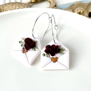 Pendientes de Carta de Amor, Joyería de Arcilla Polimérica, Sobre con Flores, Sobre Floral, Carta de Declaración, Regalo Romántico de Amor