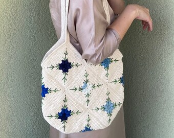 Crochet Daisy Bag, Granny Square Bag, Beige Summer Bag, Crochet Flower Tote Bag, Crochet Purse, Retro Shoulder Bag, Vintage Style,Hobo Bag