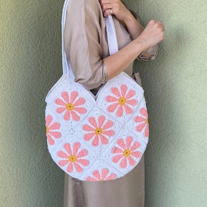 White Daisy Bag, Flower Tote Bag, Boho Canvas Shoulder Bag, Aesthetic Floral Handbag, Summer Market Bag, Vintage Style Tote, Gift for Her