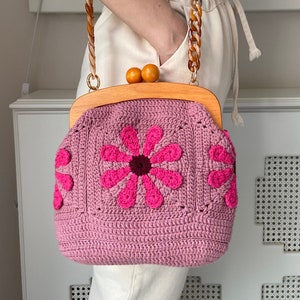 Dried Rose Sunflower Bag, Flower Daisy Purse, Granny Square Bag, Wooden Purse, Gift For Her, Sunflower Purse Strap, Boho Bags For Women