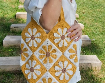 Retro Daisy Tote Bag, Granny Square Crochet Bag, Handmade Flower Shoulder Bag, Colorful Knitted Purse, Vintage Aesthetic Summer Accessory
