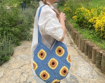 Crochet Tote Bag, Crochet Sunflower Purse, Granny Square Purse, Afghan Tote Bag, Blue Large Shoulder Tote Bag, Floral Vintage Style