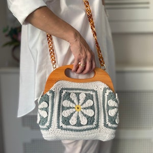 Sac carré grand-mère, sac tricoté marguerite, sac afghan, sac au crochet beige, sac à main au crochet, sac à bandoulière carré grand-mère