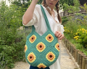 Crochet Sunflower Bag, Handmade Tote Bag, Green Floral Knit Bag, Crochet Purse, Large Tote Purse, Granny Square Bag, Cute Tote Bag