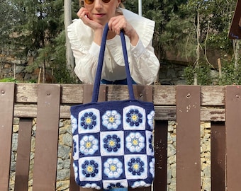 Vintage Navy Blue Crochet Bag, Elegant Granny Square Tote for Women, Charming Crochet Purse, Large Navy Blue Purse, Handmade Summer Bag