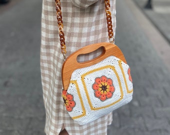 Beige Afghan Bag, Granny Square Bag, Handcrafted Crochet Bag, Knitted Shoulder Bag, Bohomeian Style Bag,  Mother's Day Crochet Gifts