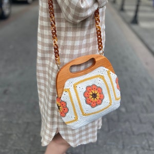 Beige Afghan Bag, Granny Square Bag, Handcrafted Crochet Bag, Knitted Shoulder Bag, Bohomeian Style Bag,  Mother's Day Crochet Gifts