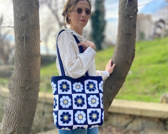 Navy Blue Crochet Bag,Granny Square Bag, Crochet Tote Bag, Vintage Style Bag, Crochet Purse, Afghan Bag, Hippie Bag, Gift For Sister