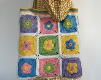 Granny Square Bag, Flower Shoulder Bag, Crochet Afghan Bag, Daisy Tote Bag, Bohemian Crochet Purse, Knit Floral Bag, Hippie Bag