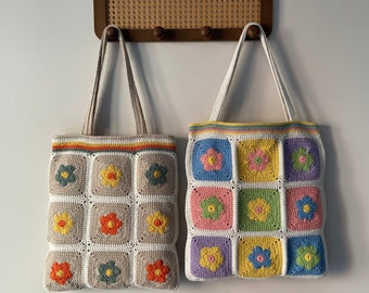 Crochet Tote Bag, Colorful Shoulder Bag, Sunflower Crochet Purse, Bohemian Style Bag, Gift For Birthday, Mother Day Crochet Gift