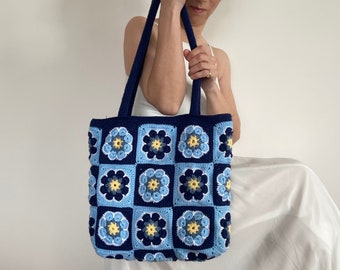 Blue Crochet Afghan Bag, Granny Square Bag, Crochet Purse, Crochet Tote Bag, Knit Floral Bag, Hippie Bag, Retro Bag, Gift For Mother's Day