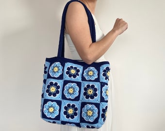 Crochet Afghan Tote Bag, Handmade Vintage-Inspired Blue Tote Bag, Hippie Chic Crochet Purse, Handmade Summer Bag, Happy Mothers Day Gifts
