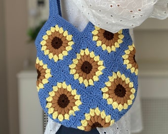 Handmade Crochet Blue Sunflower Bag, Stylish Granny Square Tote for Bohemian Souls, Versatile Crochet Purse with Granny Square Detailing