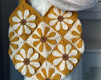 Crochet Daisy Bag, Granny Square Bag, Mustard Afghan Bag, Flower Tote Bag, Crochet Purse, Retro Shoulder Bag, Vintage Style,Hobo Bag