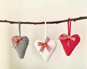 Heart Christmas Ornaments, Christmas Decoration, Xmas Tree Ornaments, Hearts Crochet Gift, Individual or Set of 3-6-12