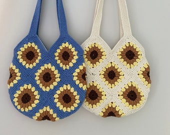 Crochet Sunflower Bag, Sunflower Tote, Granny Square Bag, Crochet Bag, Sunflower Purse, Handmade Tote, Crochet Tote Bag, Bohemian Style Bag