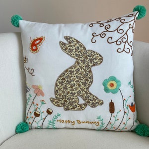 Rabbit Embroidery Pillow Covers, Floral Applique Cushion Cover, Happy Easter Bunny Cushion, Animal Throw Pillow for Baby Room Decoration