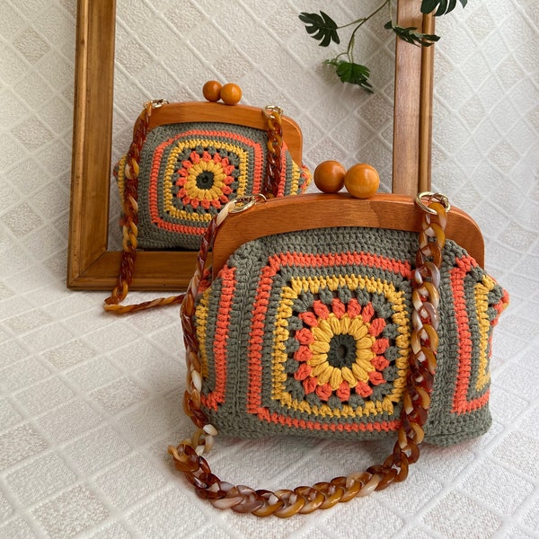 Granny Square Crochet Bag, Tote Bag, Sunflower Crochet Tote Bag with Wooden Handle, Colorful Boho Bag Gift For Her, Knitted Shoulder Bag