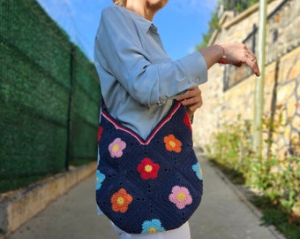 Colorful Crochet Bag, Daisy Bag for Women, Granny Square Bag, Flower Tote Bag, Vintage Style, Blue Navy Crossbody Bag, Gift For Sister