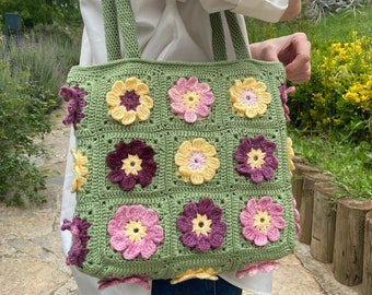 Green Daisy Bag, Crochet Tote Bag, Granny Square Bag, Flower Crochet Bag, Retro Shoulder Bag, Sunflower Tote Purse, Bohemian Style Purse