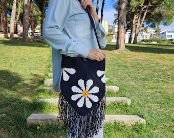 Sac au crochet marguerite, sac à main cabas fait main bleu marine, sac fourre-tout au crochet avec glands, sac bohème pour femme, cadeau unique pour elle, sac floral femme