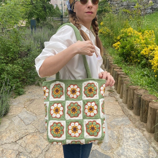Green Crochet Bag, Granny Square Bag, Crochet Purse, Crochet Tote Bag, Knit Floral Bag, Vintage Style, Hippie Bag, Afghan Style Tote