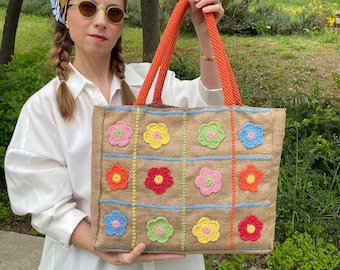 Colorful Daisy Crochet Beach Bag for Girls, Knit Flower Jute Bag for Summer Beach Purse Gifts, Hippie Granny Square Crochet Hand Purse