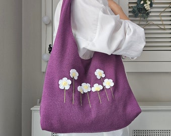 Purple Slouchy Bag, Cute Floral Tote Bag, Daisy Tote Purse, Sling Bag, Valentine’s Day Gifts, Hippie Hobo Bag, Shoulder Bag For Her