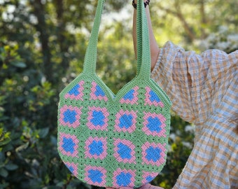 Crochet Tote Bag, Granny Square Bag,  Green Crochet Purse, Retro Shoulder Bag, Vintage Style, Hobo Bag, Bag For Women, Gift For Her