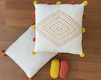 Handmade Cream Pom Pom Cushion Cover, Boho Throw Pillow, Modern Decor