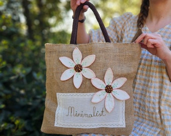 Jute Daisy Bag, Beach Tote Bag,  Embroidered Handbag For Her, Shopping Purse, Summer Bag For Women, Hippie Bag , Minimalist Flower Bag