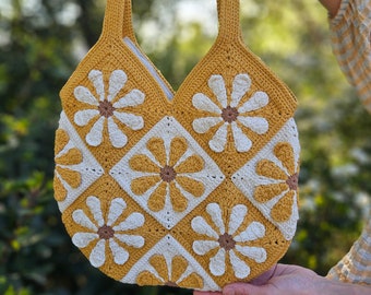 Crochet Daisy Bag, Granny Square Bag, Mustard Afghan Bag, Flower Tote Bag, Crochet Purse, Retro Shoulder Bag, Vintage Style,Hobo Bag